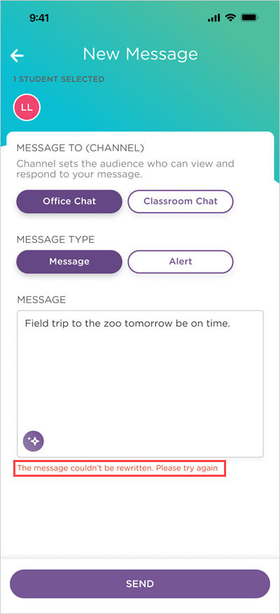 admin message window with error message